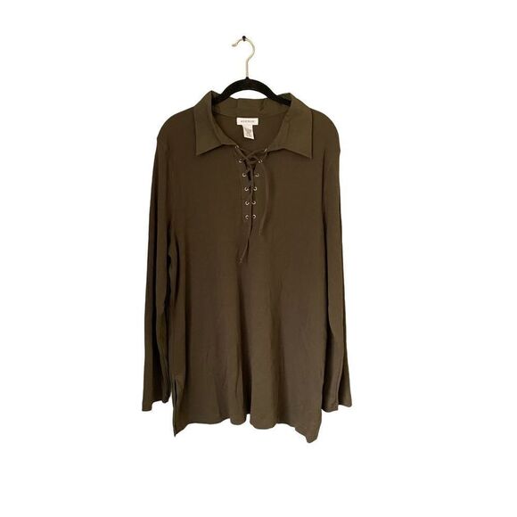 Avenue plus size ribbed long sleeve lace up olive green top 1x￼ - Picture 1 of 5